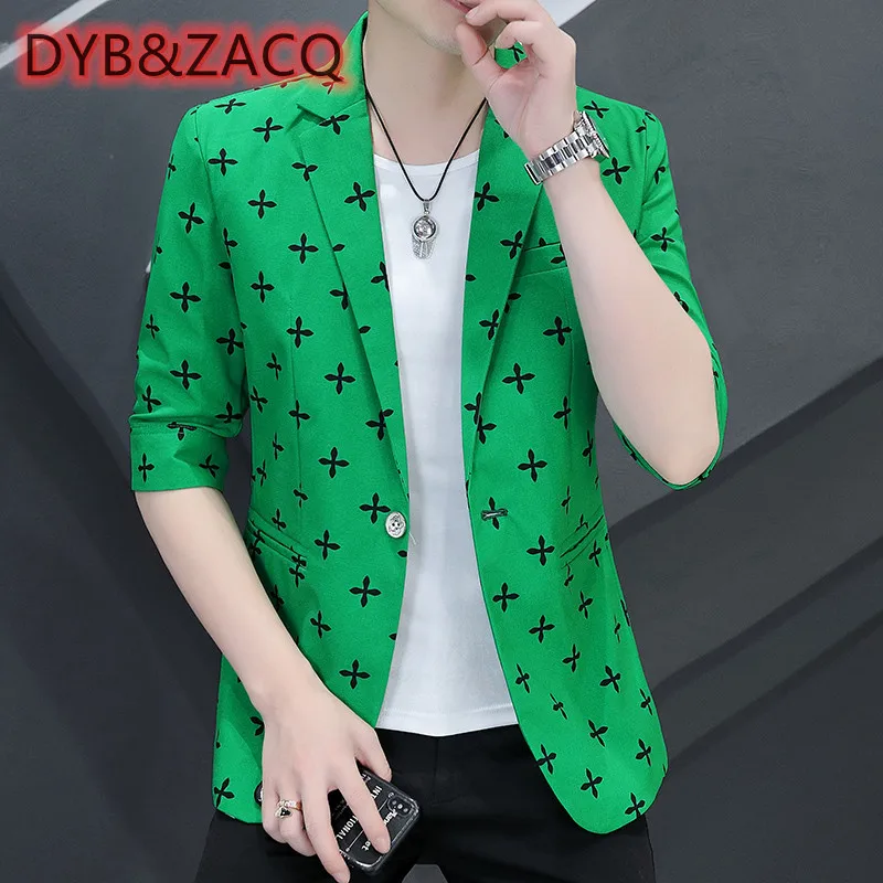 

DYB&ZACQ Summer Men's Small Suit New Hair Stylist Handsome Printed Mid-sleeve Coat Seven-point Sleeve Tide