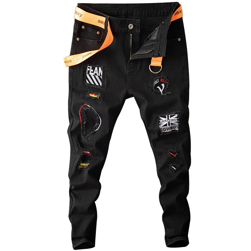 Europe and The United States New Embroidery Worn Holes Slim Skinny Jeans Trendy Men Casual Trousers Fashion Streetwear Softener