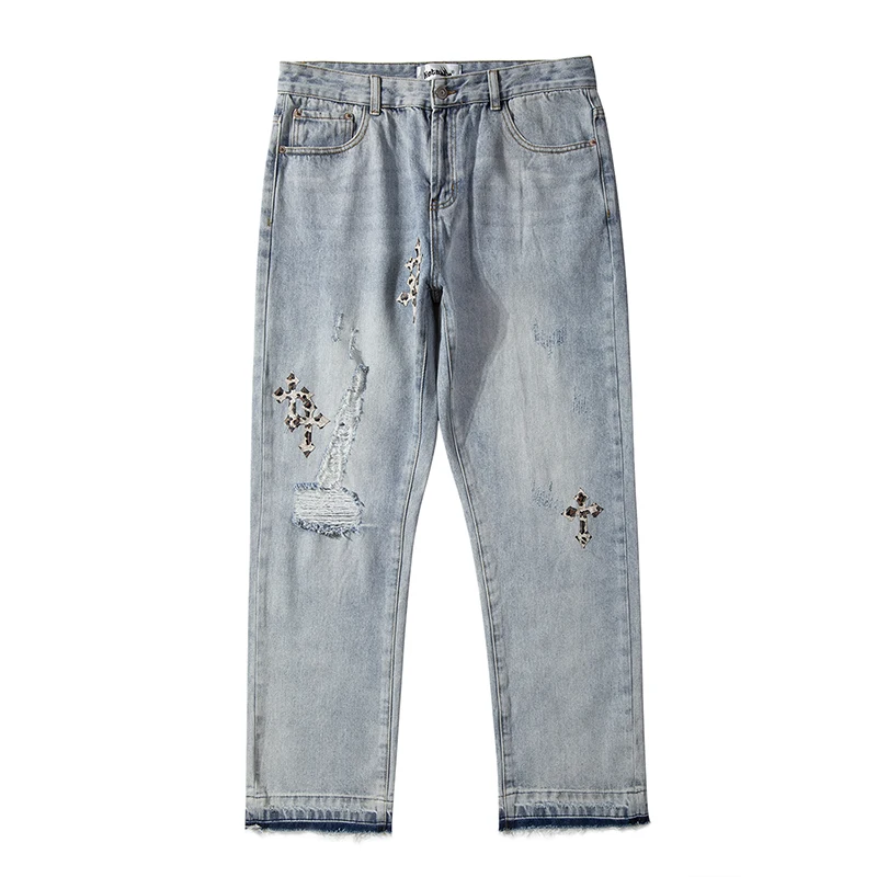 Mens High Street Casual Washed Straight Oversize Jeans Pants 2022 New Unisex Ripped Retro Hole Cross Embroidery Denim Trousers