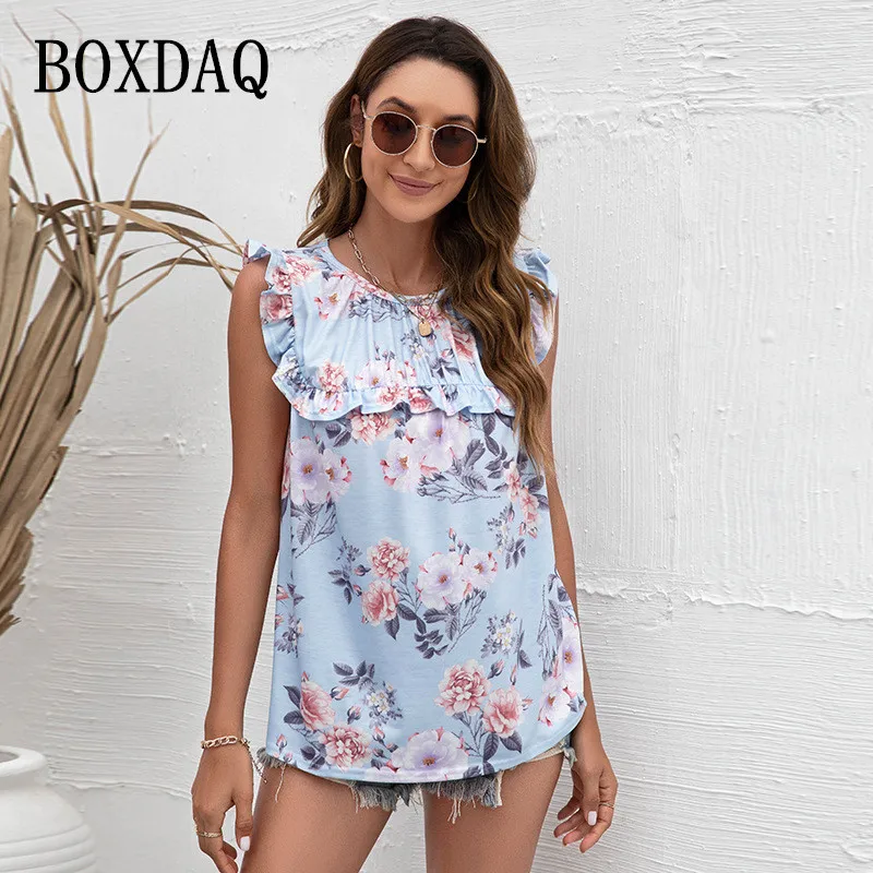 

2022 New Summer Beach Vest Tops Women Sweet Floral Print Shirts Loose Casual O-Neck Sleelveless Ruffles Patchwork Ladies Blouses