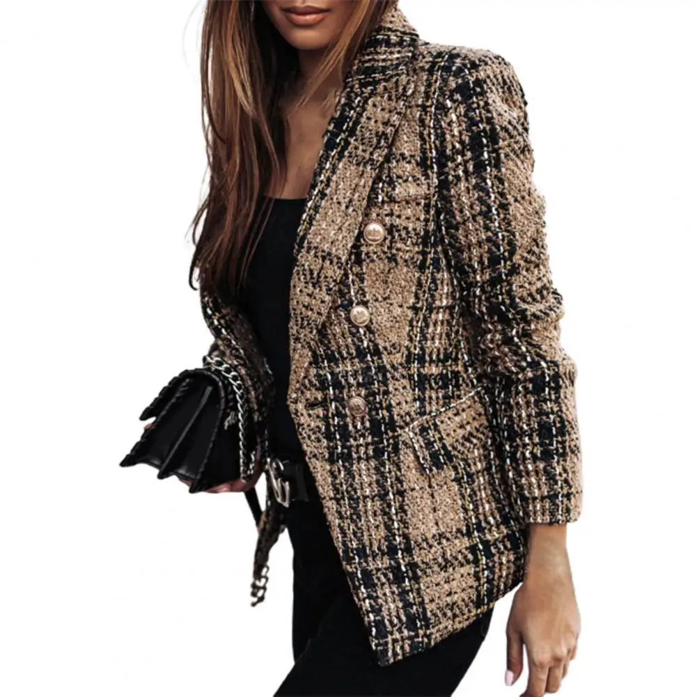 

New Thin Suit Lady Long-sleeved Blazer Casual Double-breasted Check Blazer Slim Fit Office Lady Elegant Chic Jacket Street Coat