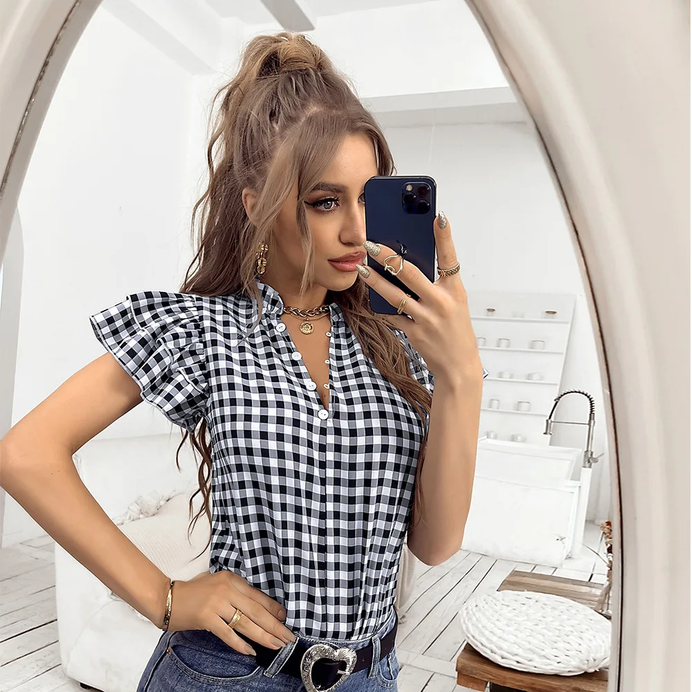 Women's Plaid Top Shirts Spring Summer Casual Short Sleeve Women's V-Neck Shirts Retro Shirts Tunic Clothing
