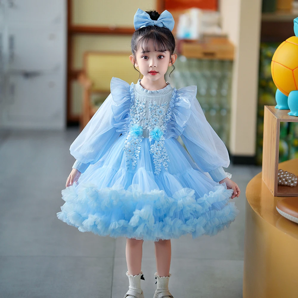 

Свитер, платье для свадебной вечеринки для девочек, осенне-зимнее кружевное платье с цветочным рисунком для выпускного вечера для девушек, розовое теплое платье с длинным рукавом, костюмы