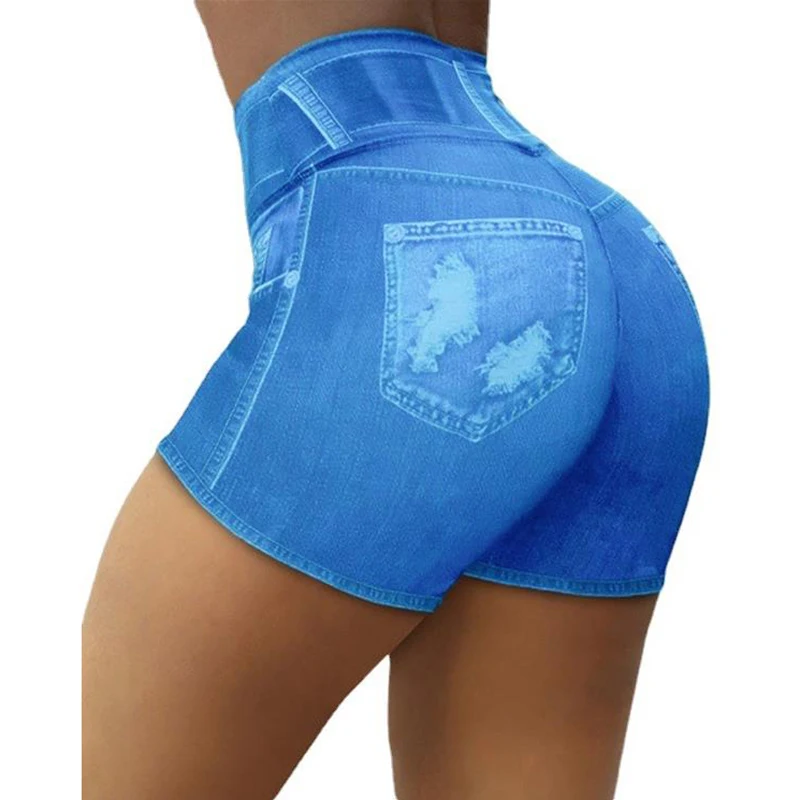 New Summer Fake Jean Booty Shorts Women Elastic Waist Sport Running Black Shorts Pantalones cortos de mujer Print Woman Clothing
