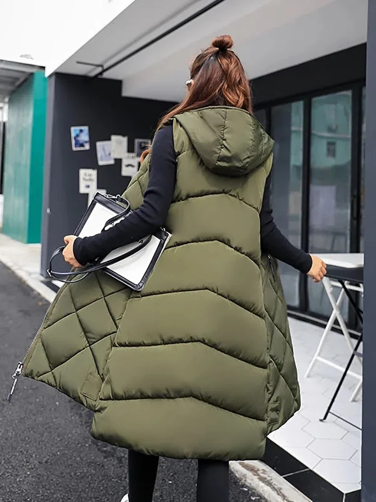 Women's Sleeveless Vest Long Down cotton Jacket Solid Korea Hooded Padded Vests Loose Females 2023 Fashion Casual Winter Coat