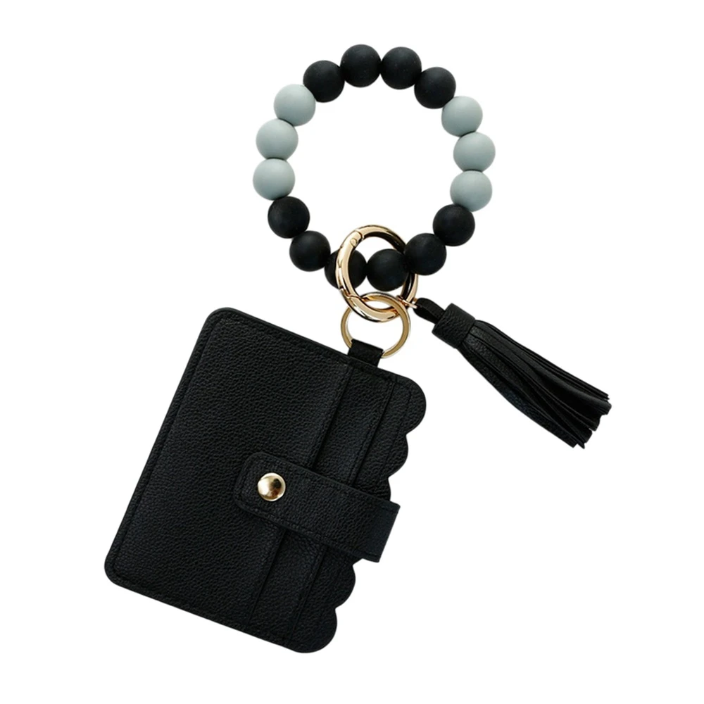 

Wristlet Keychain Bracelet Credit Card Holder Wallet Key Ring Silicone Tassel Keychain Beaded Bangle for Women - E
