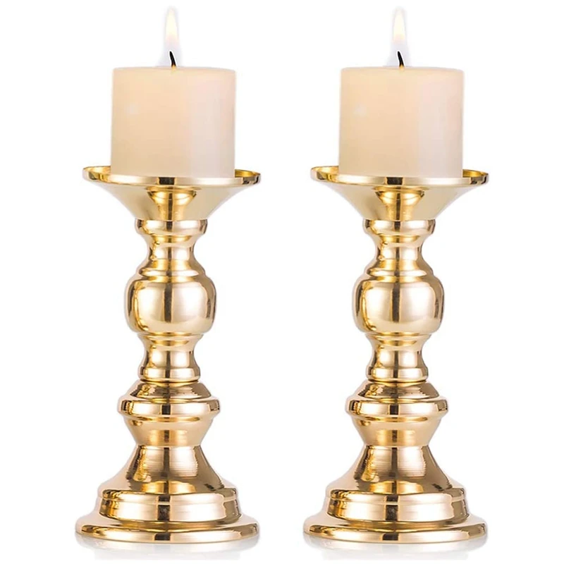 

Set of 2 Candlestick Metal Pillar Candle Holders, Wedding Centerpieces Candlestick Holders for Candles Stand Gold