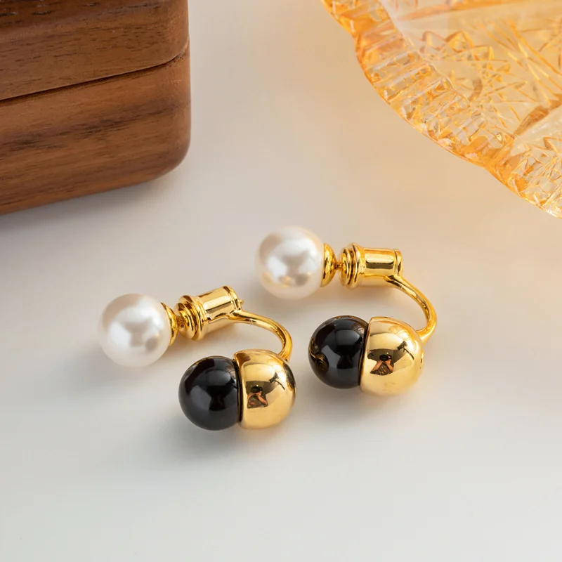 

Minar Retro Imitation Pearl Geometric Drop Earrings 14K Gold Plating Brass Black Beads Statement Earring for Women Party Jewelry