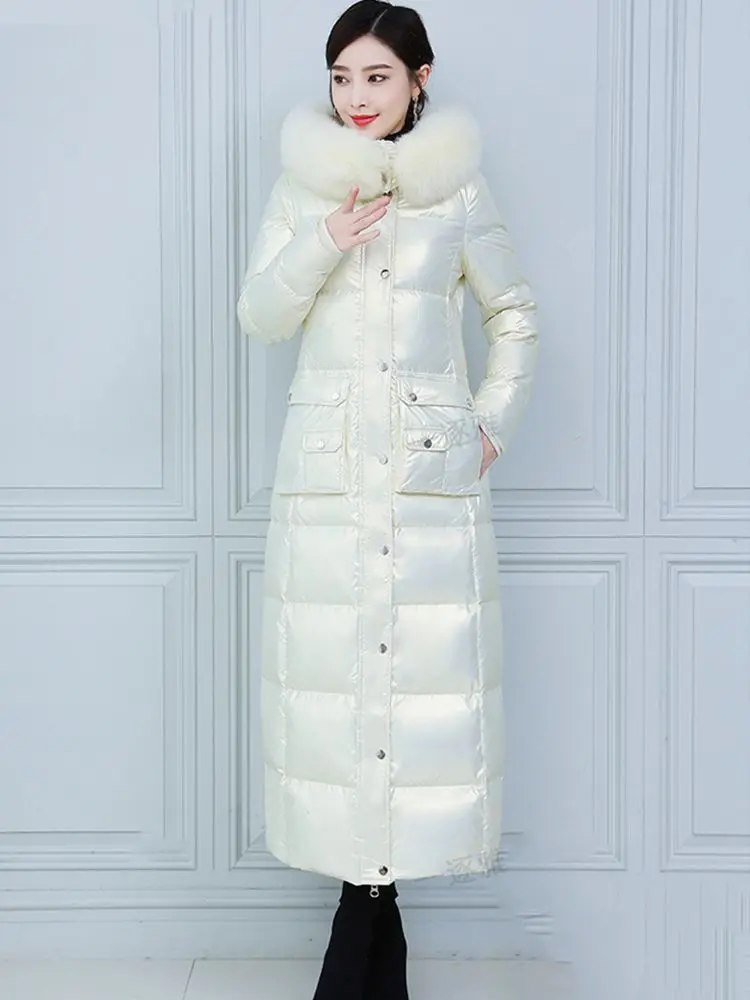 New Women Washfree Glossy Surface Down Coat Lengthened Fashion Detachable Real Fox Fur Collar Thicken Warm Slim Long Down Jacket