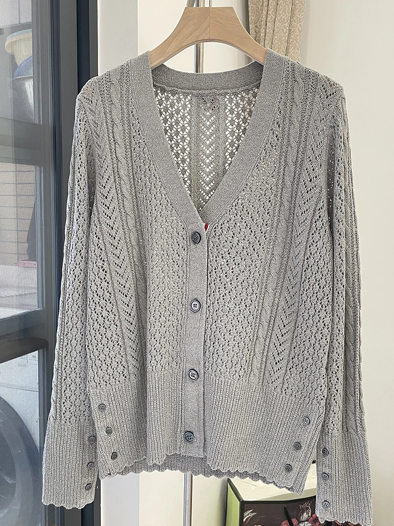 

TB Autumn New Hollow V-Neck Knit Cardigan Women's Four Bar Loose Top