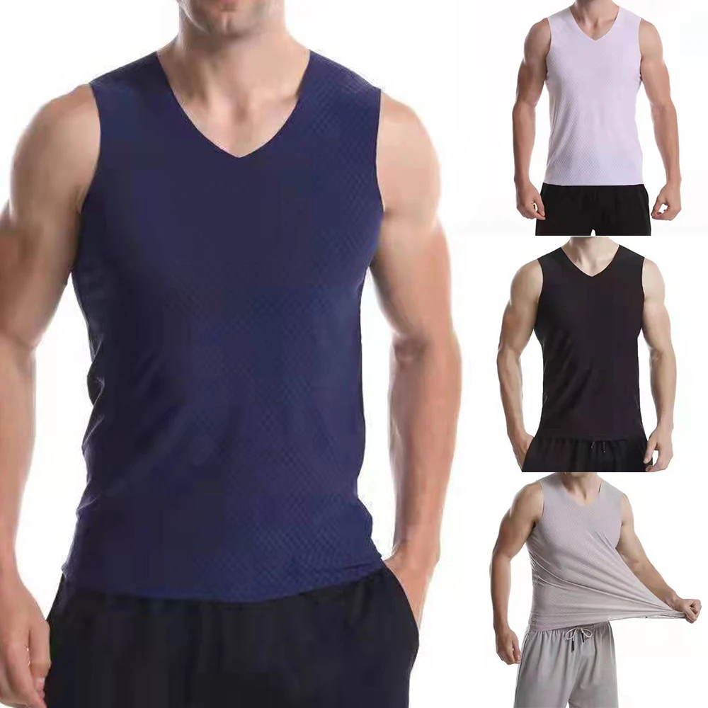

Men Outer Tops Sleeveless T Shirt Beach Travel Tanks Ice Silk Vest Mesh Breathable Summer Quick-Drying Casual Cool Vest
