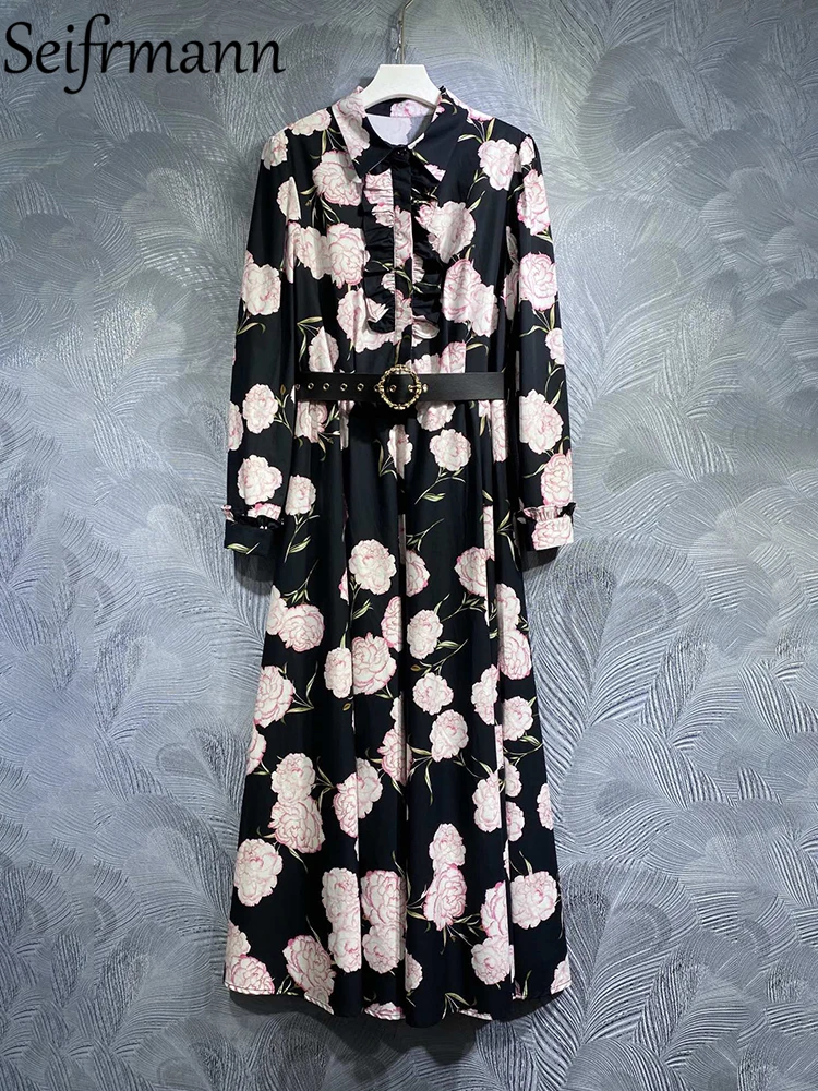 

Seifrmann High Quality Summer Women Fashion Designer Long Dress With Belt Lantern Sleeve Floral Printed Shirring Ruffles Dresses