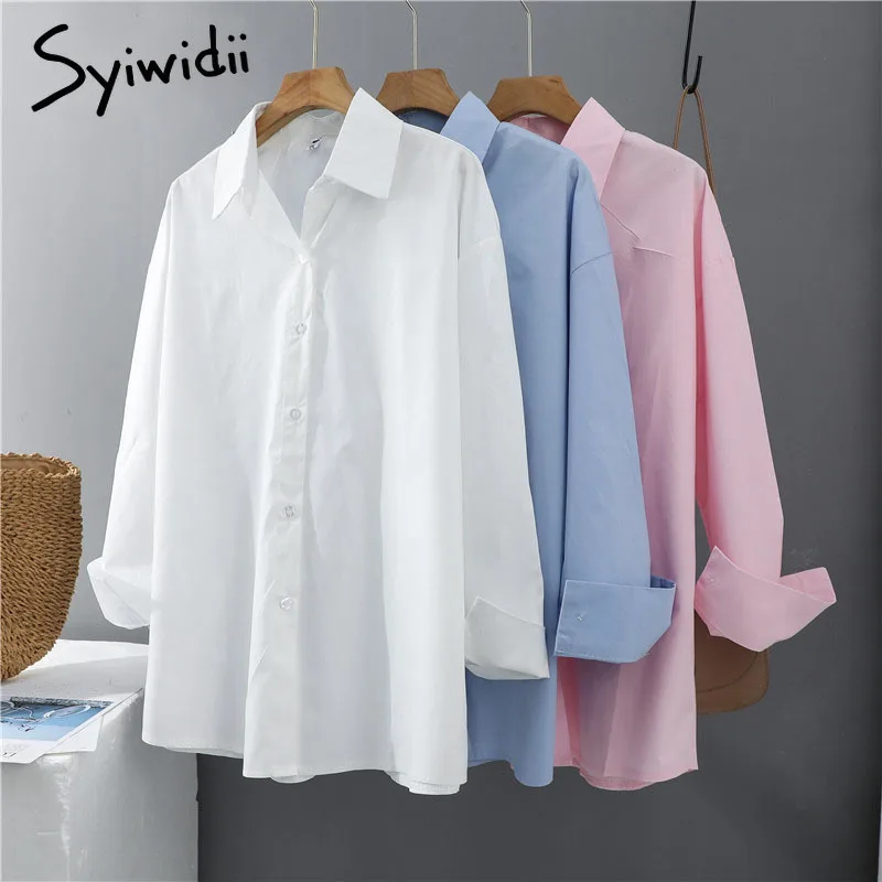 

Syiwidii Long Sleeve Shirts Women Oversize Blouse Korean Fashion White Blue Pink Vintage Tops Button Up Spring 2022 Clothing