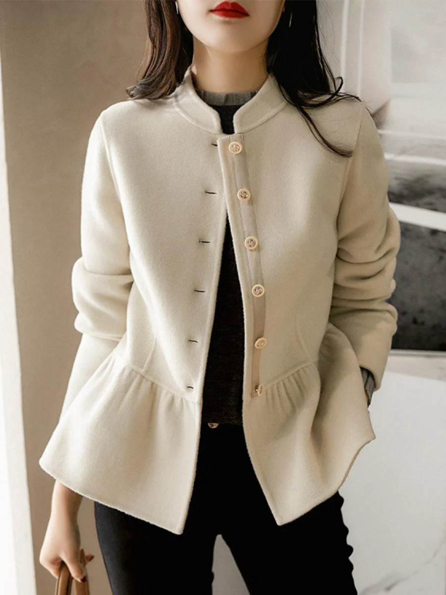 

Long Sleeve Thick Loose Single-Breasted Standard Women's Jacket Woolen Cashmere Lotus Leaf Swing Short Coat New Woman Clothing