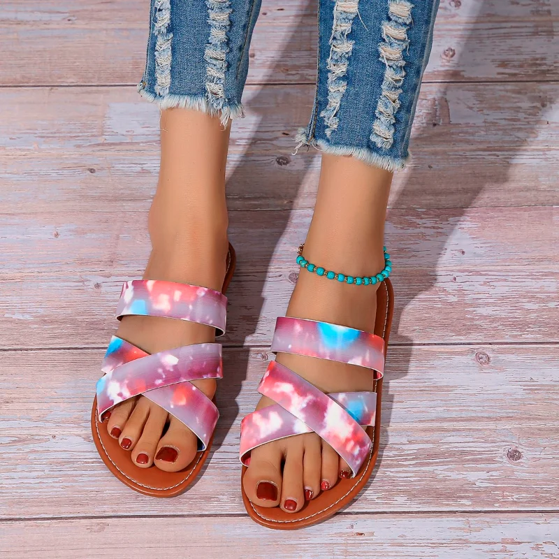 

Женская внешняя версия 2023, новые двухслойные кожаные прочные тапочки с принтом граффити на плоской нескользящей подошве