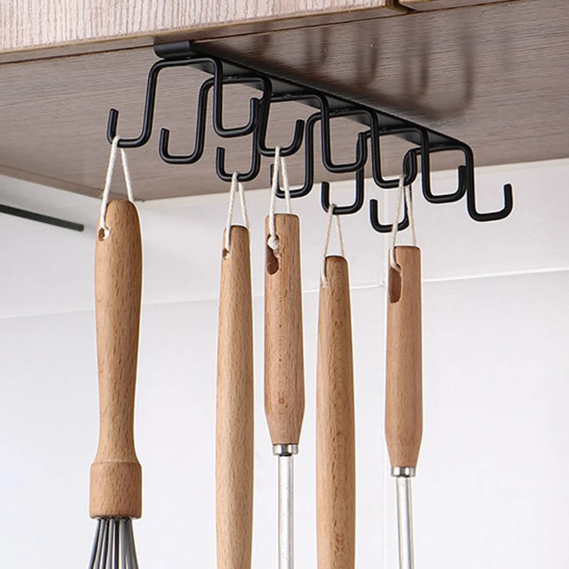 

1PC Double-Row Hook Hanging Cup Holder Kitchen Hook Rack Punch-free Wall Cabinet Kitchen Organizer Rack Hanging Cup Holder