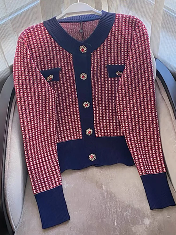 

Red Plaid Cardigan Crop Top Fall 2023 Women Cropped Sweater Coat Full Round Neck Diamond Buckle Knit Cardigan Elegant Tops