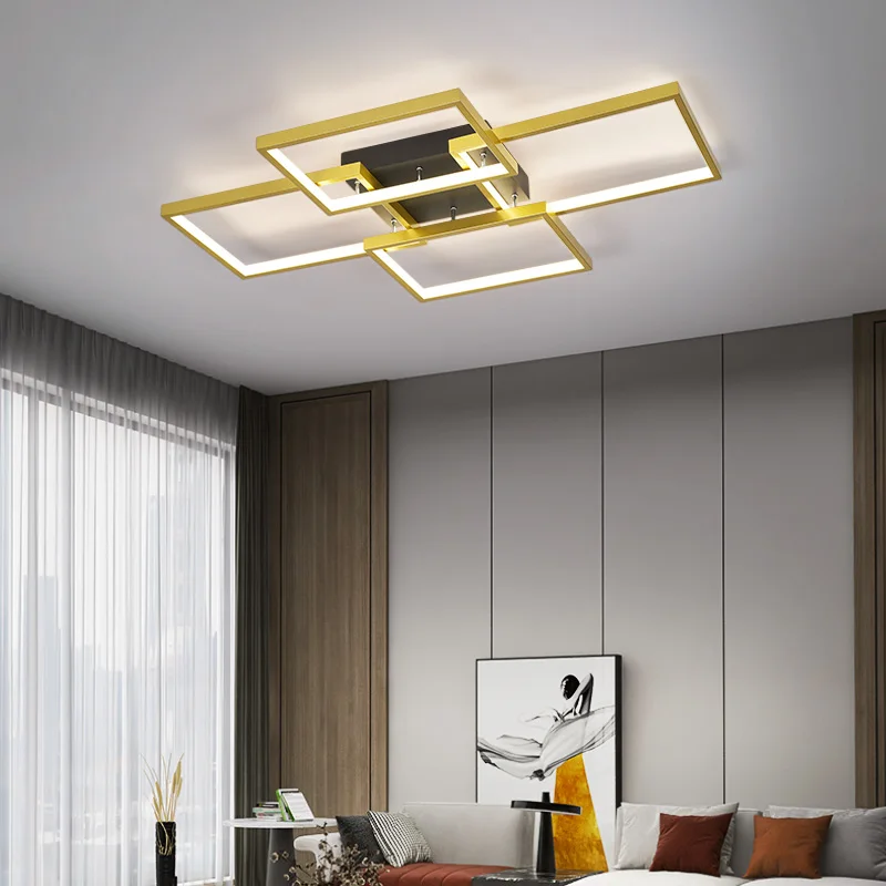 New Modern Led Chandelier For Living Room Bedroom Dining Room Kitchen Ceiling Lamp Gold Rectangle Design Remote Control Light