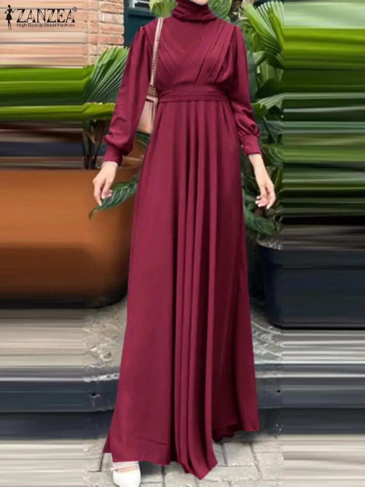 

ZANZEA Muslim Spring Women Dress O-Neck Puff Sleeve Solid Zipper Party Turkey Sundress Female Fashion Casual Holiday Long Robe