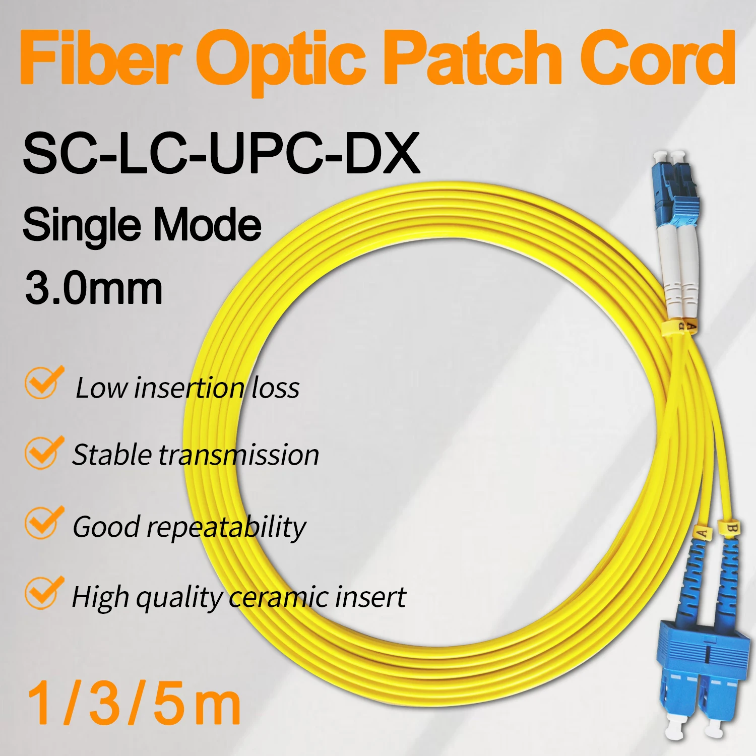 

3.0mm SC UPC to LC UPC Fiber Optical Patch Jumper Cable Cord Singlemode Duplex 1m 3m 5m PVC SM 1310/1550nm FTTH