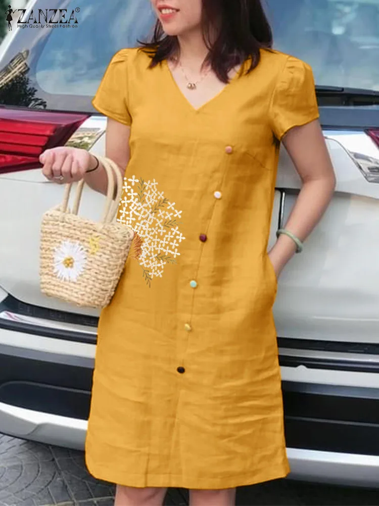 

Женский винтажный сарафан с цветочной вышивкой ZANZEA, летний женский сарафан с V-образным вырезом и коротким рукавом, повседневное праздничное платье средней длины для работы, кафтан