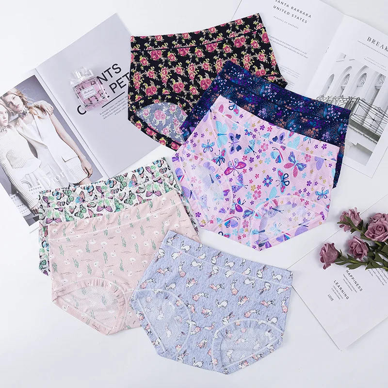 

Japanese Ice Silk Panties Flower Printing Breathable Briefs Mesh Seamless One-Piece High Waist Cotton Milk Silk Girl Underwear