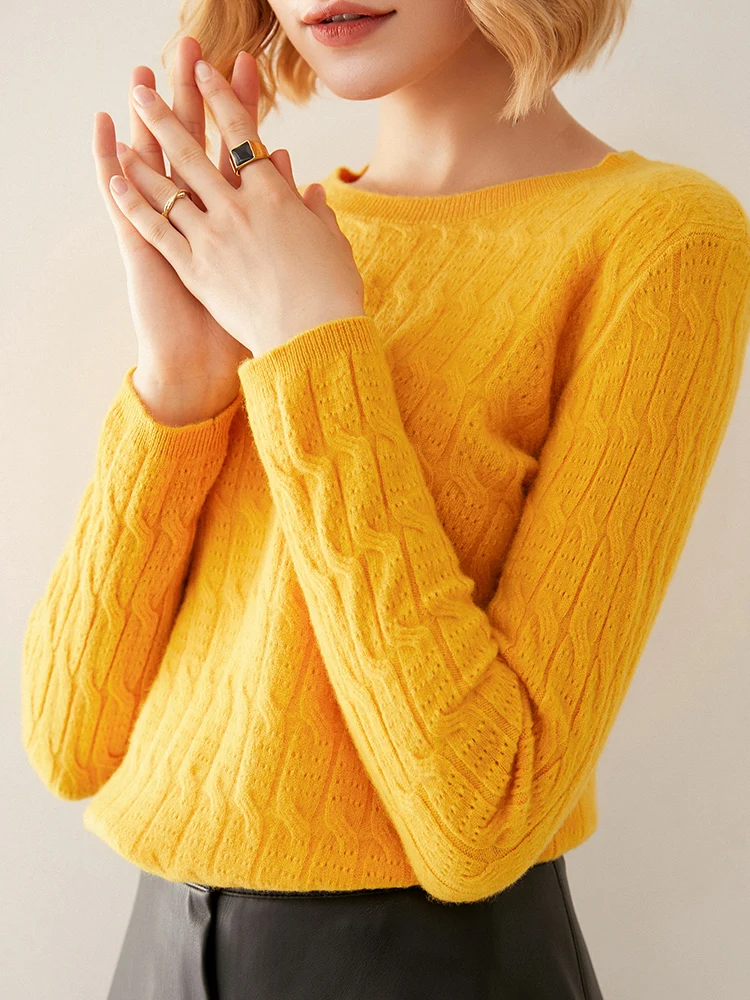 

Женский пуловер с круглым вырезом, теплый и удобный однотонный вязаный джемпер из 100%-ной шерсти, желтый и белый цвета, весна 2022