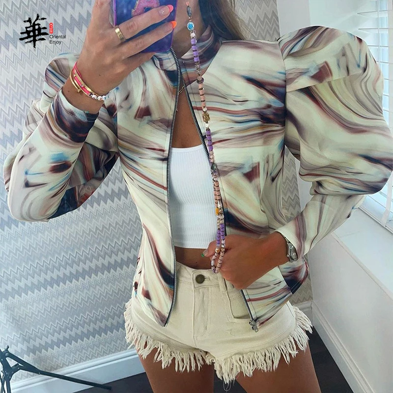 

Женская короткая куртка с пышными рукавами, повседневное пальто с принтом, зимняя женская модная куртка, осеннее пальто, кардиган для женщи...