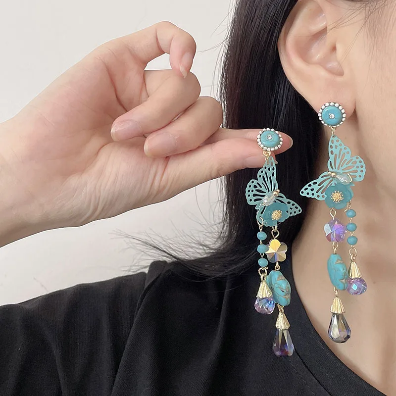 

Korean Chic Hollow Butterfly Crystal Long Tassel Dangle Earrings Party Jewelry