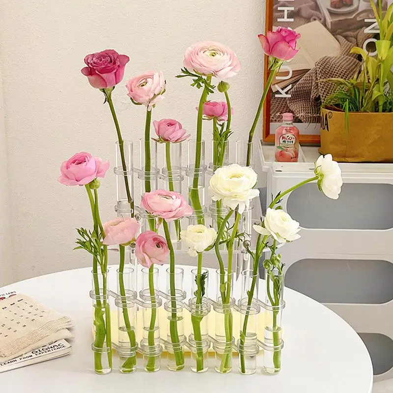 

8Pcs/6Pcs Flower Container Hinged Flower Vase Transparent Table Vases Glass Flower Vase With Hook And Brush Hydroponic Plant Vas