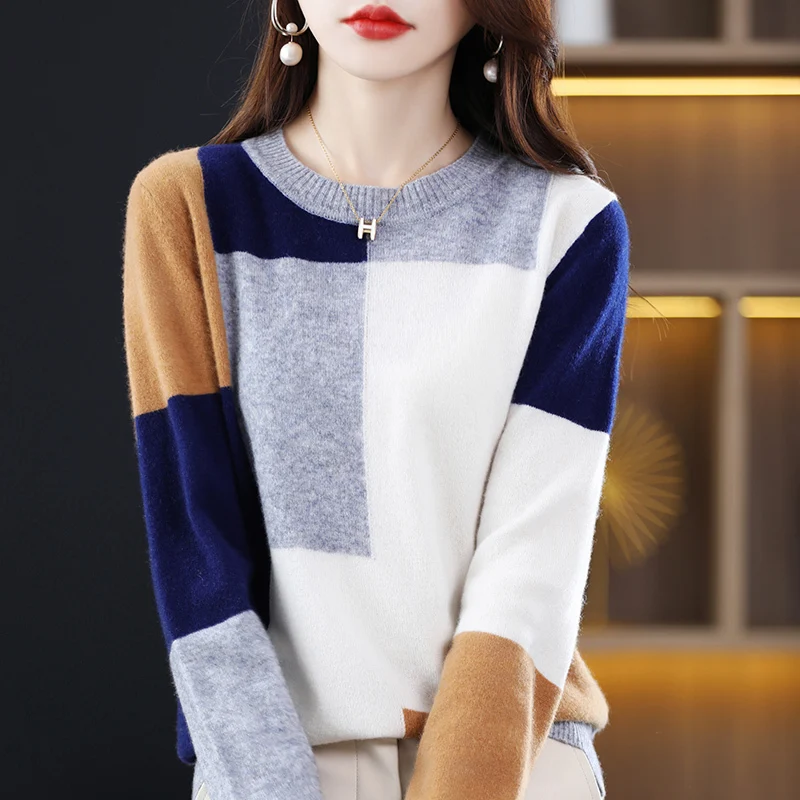 

2023 Woman's Sweaters Autumn Winter Fashion Patchwork Casual Coats Female Pullover Long Sleeve O-Neck Jumper 100% Wool Knitted T