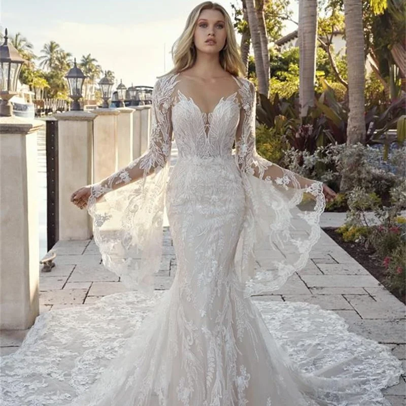 

Женское кружевное свадебное платье It's yiiya, белое кружевное платье с V-образным вырезом и расширяющимися книзу рукавами на лето 2023