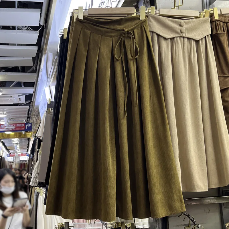 

Женская плиссированная длинная юбка, Вельветовая юбка А-силуэта во французском стиле на шнуровке, осень 2023