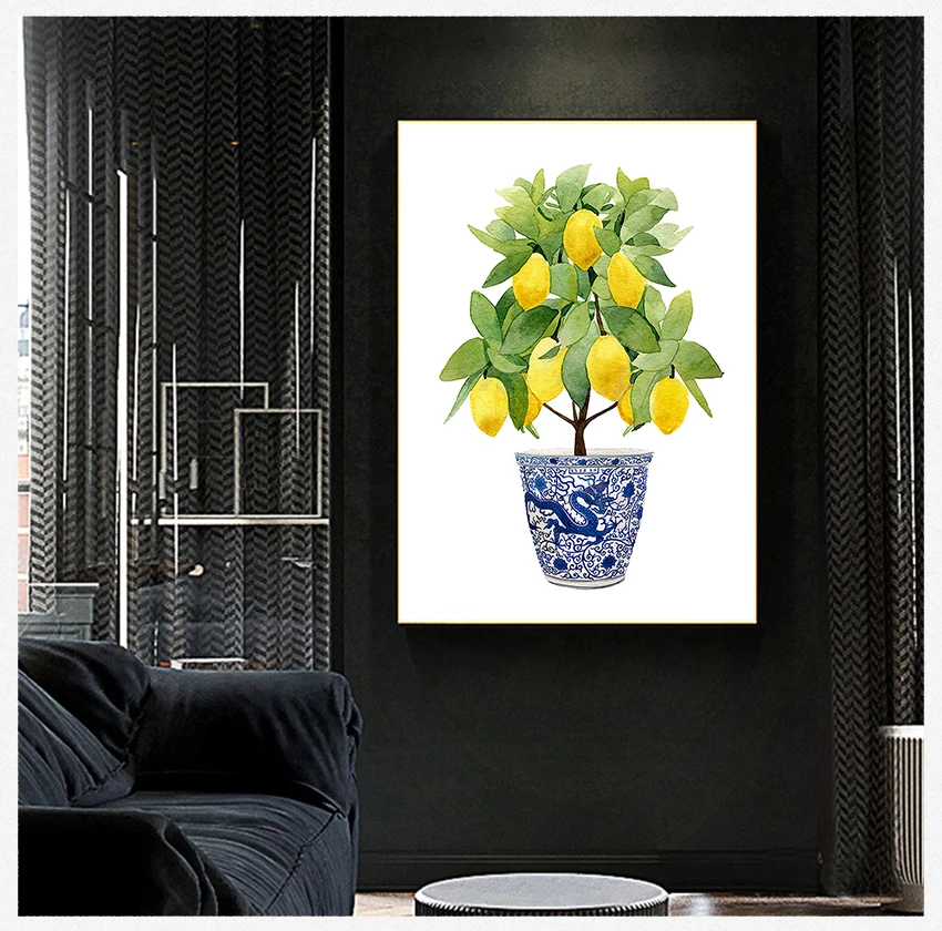 

Искусство в восточном стиле, синяя белая ива, лимонный плакат, кухонный декор, лимонный принт, китайская плантатор, бонсай, Картина на холсте