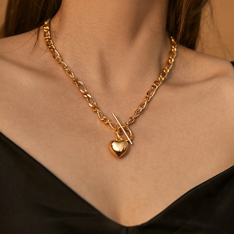 

Punk Chunky Heart Pendant Link Chain Choker Necklaces For Women Girls Rock Statement Charm Collar Party Love Jewelry For Neck