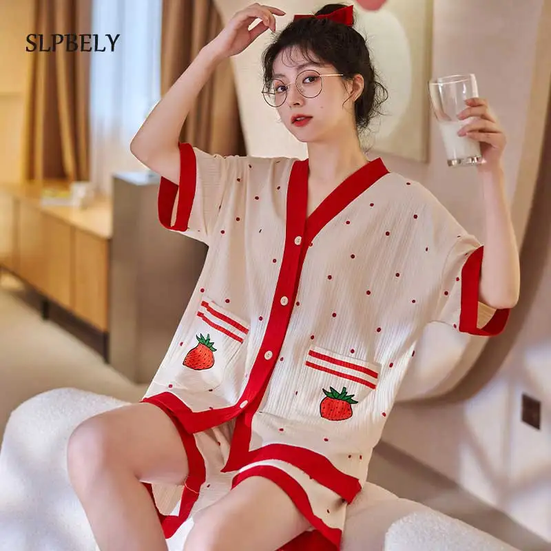 

SLPBELY Summer Women Pajamas Set Cartoon Printed V Neck Cardigan Short Sleeve Nightwear Sleepwear Homewear Nightsuit With Shorts