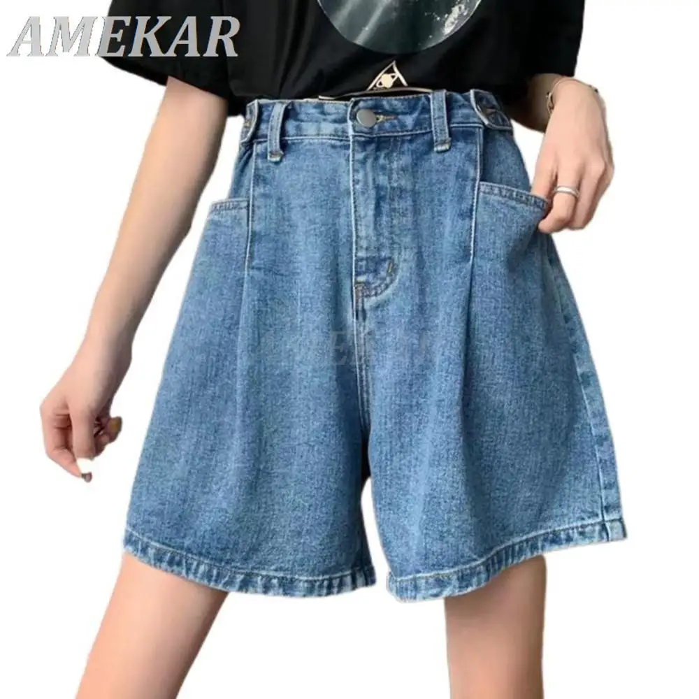 Women Casual Simple Thin High Waist Denim Shorts All-match Straight Wide-leg Hot Pants Lady 2023 Summer New Fashion Short Jeans