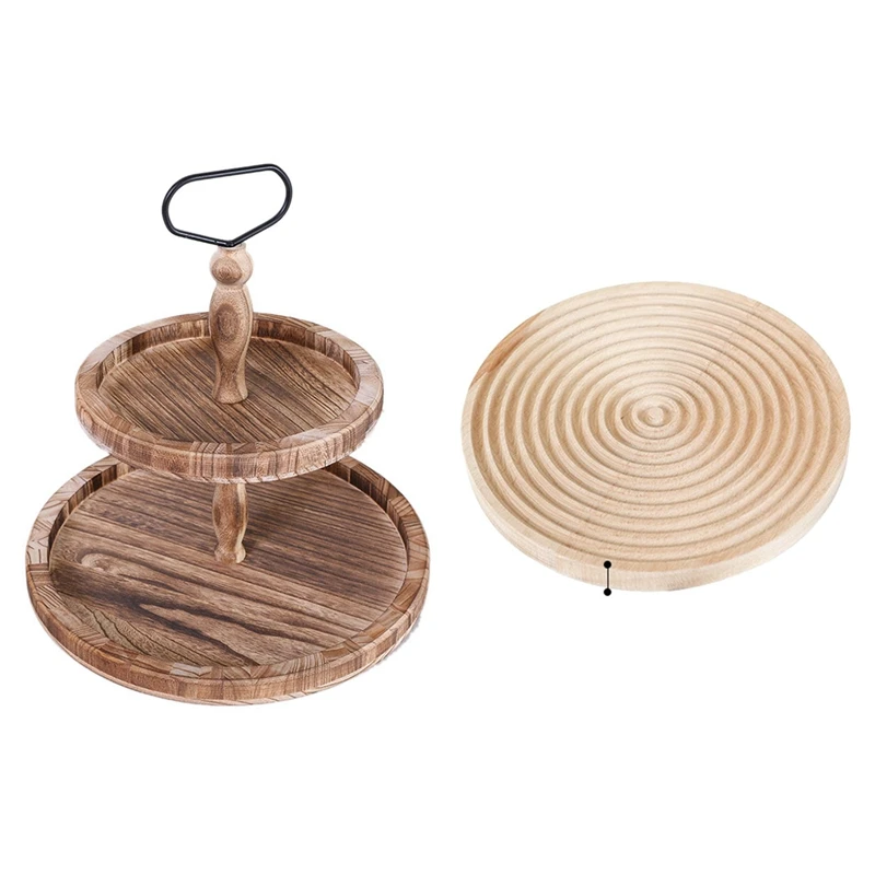 

2PCS Vintage Wood Two Tiered Tray With Wood Board 24Cm Afternoon Tea Holder Water Ripple Round Dessert Tray