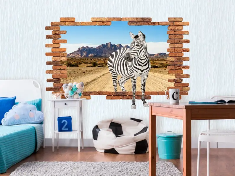 

Safari animals Wall Decal. Zebra Hole in Wall Vinyl Sticker. 3d Wall Decor. Broken Wall Removable. 3d Poster Kids Safari nursery