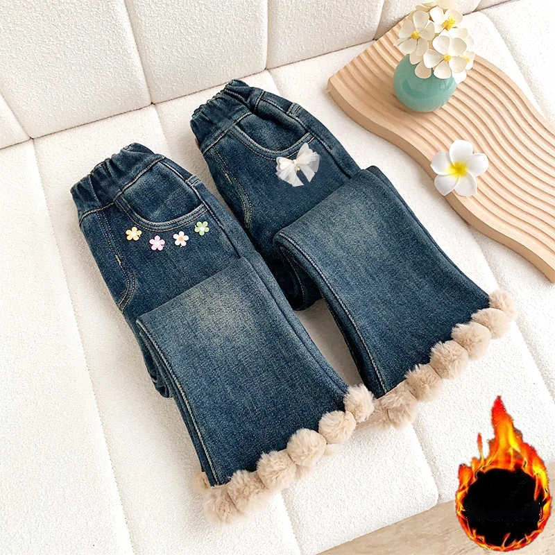 Флисовые джинсы для девочек эластичный пояс утепленные кружевные теплые
