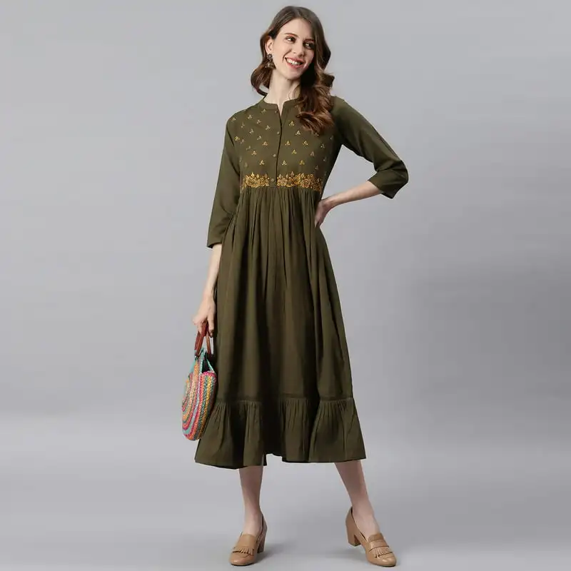 

boho 3/4 Sleeve Embroidery Olive Cotton Flex Ruffled Dress For Women