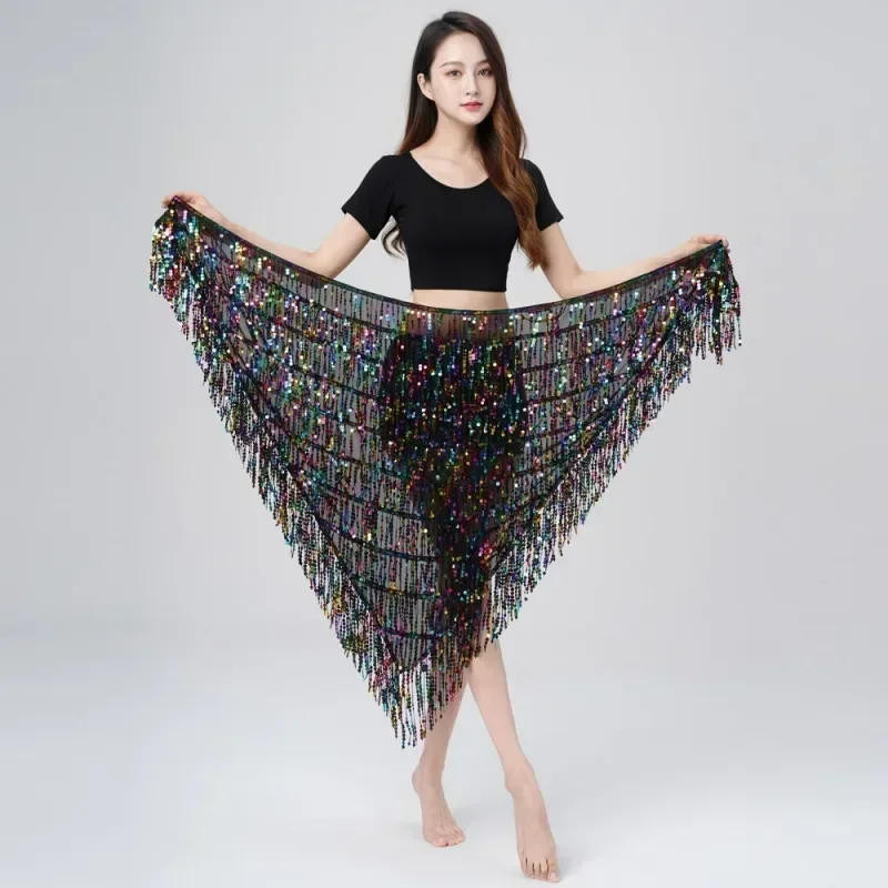 Фото Юбка для танца на животе yesBelly Dance для девочек, с треугольными пайетками, длинными бахромами, пояс для танцев для женщин №3