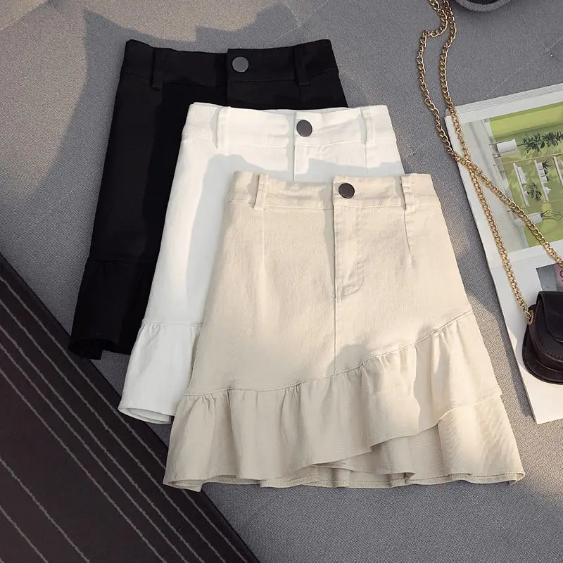 

2023 Early Spring Women New Korean Ruffled High Waist Skirts Female Slim Package Hip Skirts Ladies Solid Color Mini Skirts A191