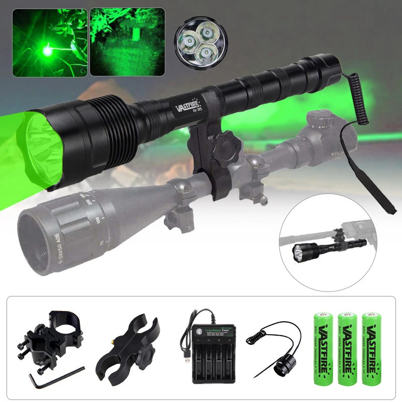 500 Yard 3XLED Green/Red/White Ligh LED Flashlight 3800LM Rechargeable Hunting Torch+Remote Switch+Gun Mount+18650+USB Charger