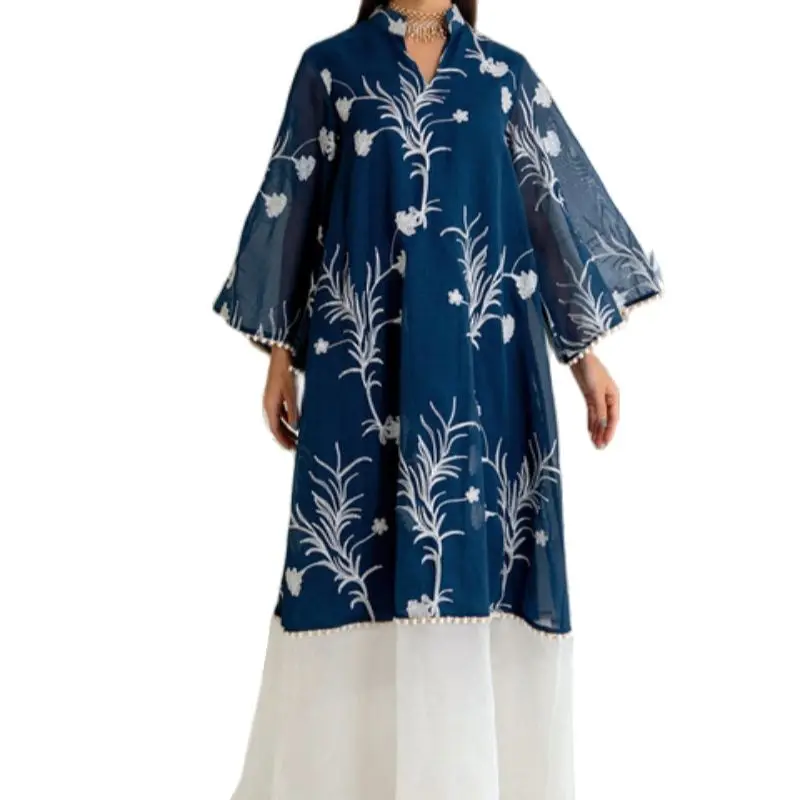 Dubai Long Woman Evening Dress Elegant Mesh Embroidery Belted Kaftan Panel Hem Robe Abayat 2022 Autumn Ladies Dresses