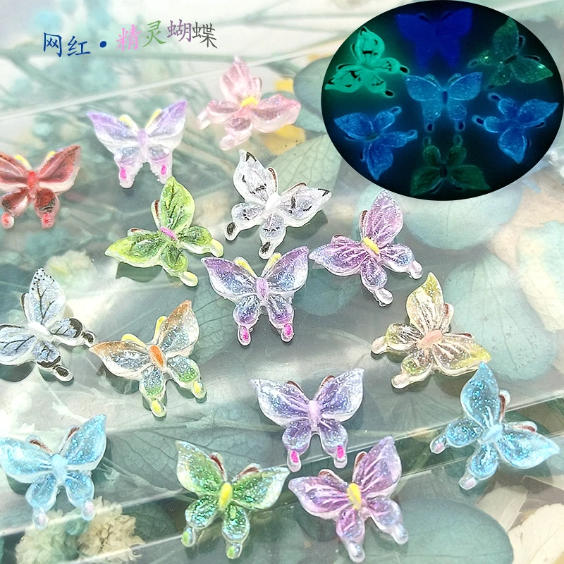 

50PCS Glow In The Dark Resin Nail Art Butterfly Charms Luminous Accessories Glitter Nails Decoration Supplies Materials Manicure