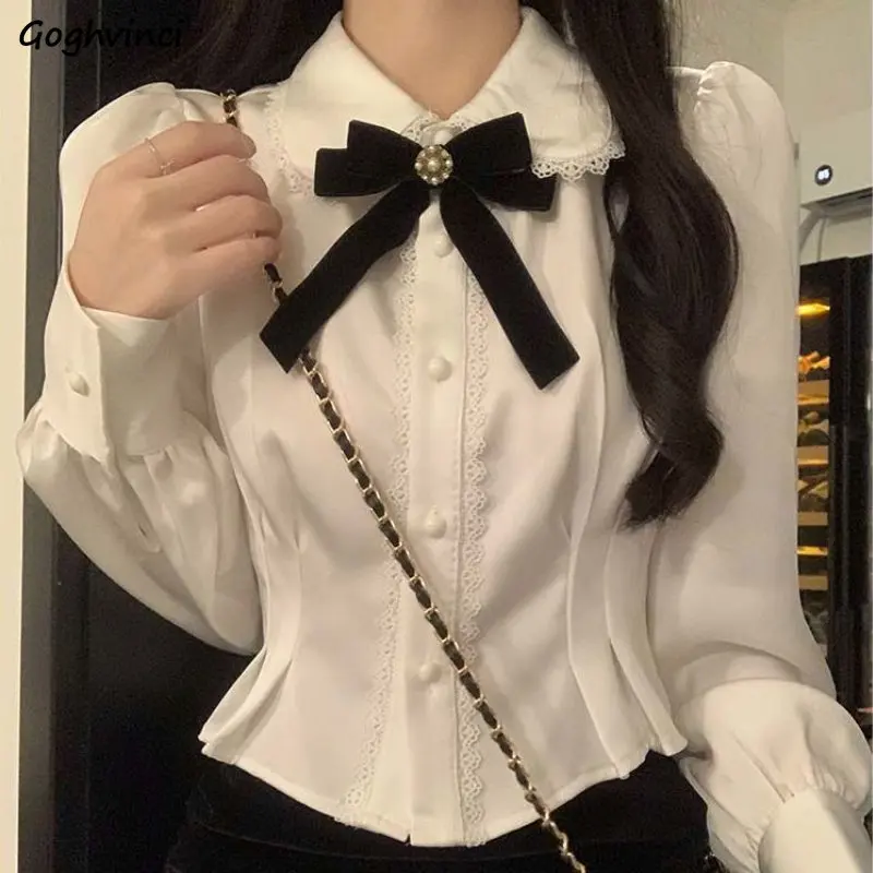 

Preppy Style Shirts Women Sweet Slim Crop Tops Bow College New Puff Sleeve Ins Camisas De Mujer Casual Young Ladies Simple Girls