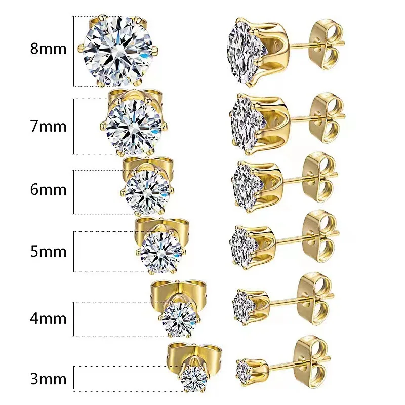 

6 Pairs Stud Earrings Set for Women 14K Gold Plated Cubic Zirconia Hypoallergenic Round 316L Stainless Steel Earrings for Men