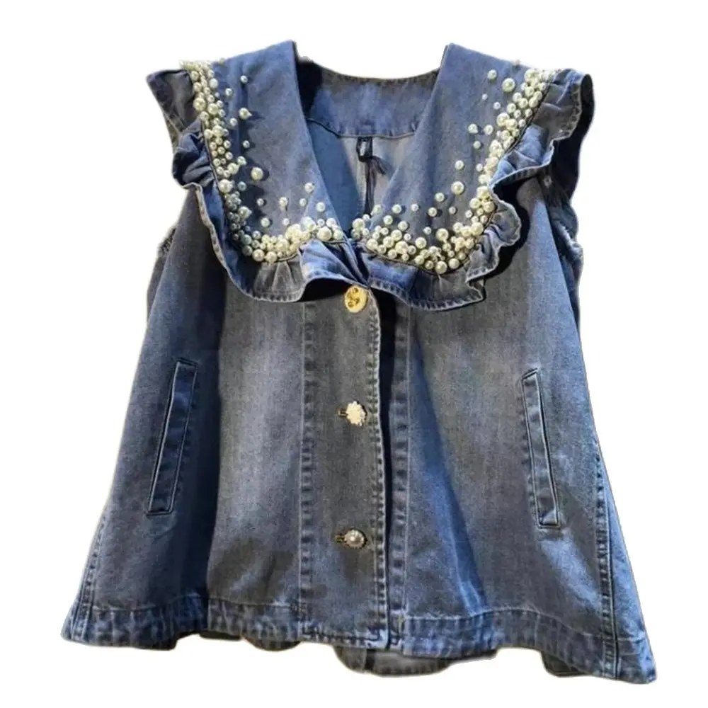 

Vintage Blue Beading Diamonds Denim Women Waistcoat Loose Sleeveless Jacket Ruffles Splicing Jeans Vests Female Doll Collar