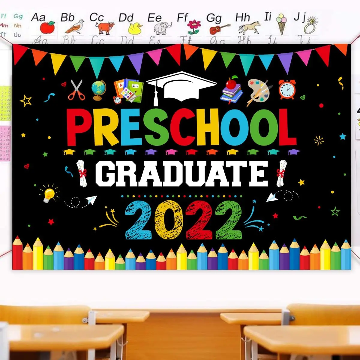 

JOLLYBOOM Graduation Theme Party Black Backdrop Decoration Crayons Grad Cap Diploma Print for 2022 Preschool Graduate Supplies